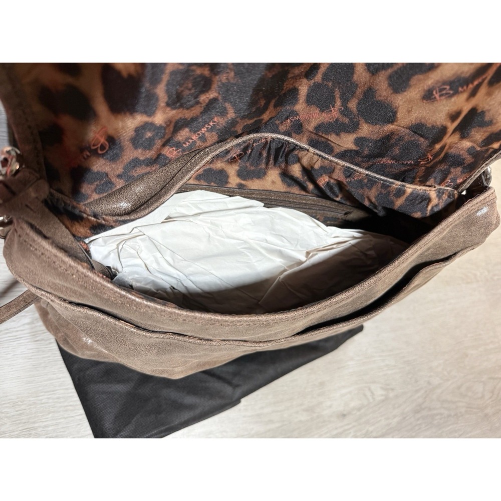 B Makowsky Leather Shoulder Bag Brown Distressed Large Hobo Leopard Lining - Picture 5 of 12